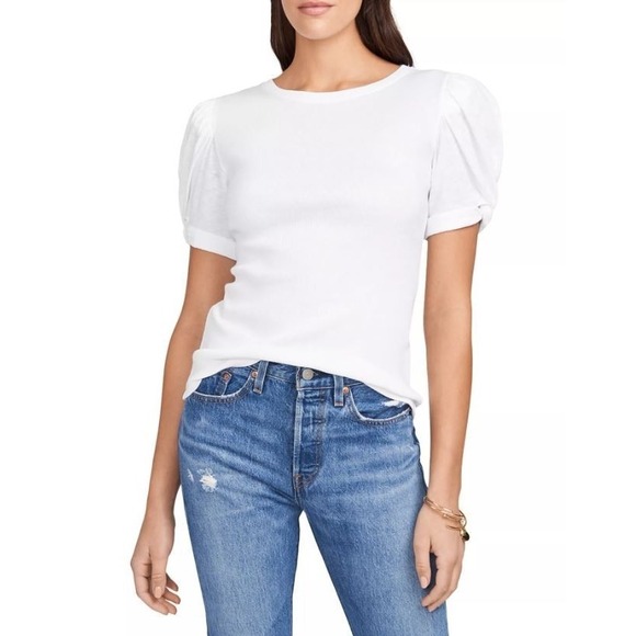 1. State Tops - 1.State Womens Twist Puff Short Sleeve Rib Body Cotton Crew Neck Tee White Small